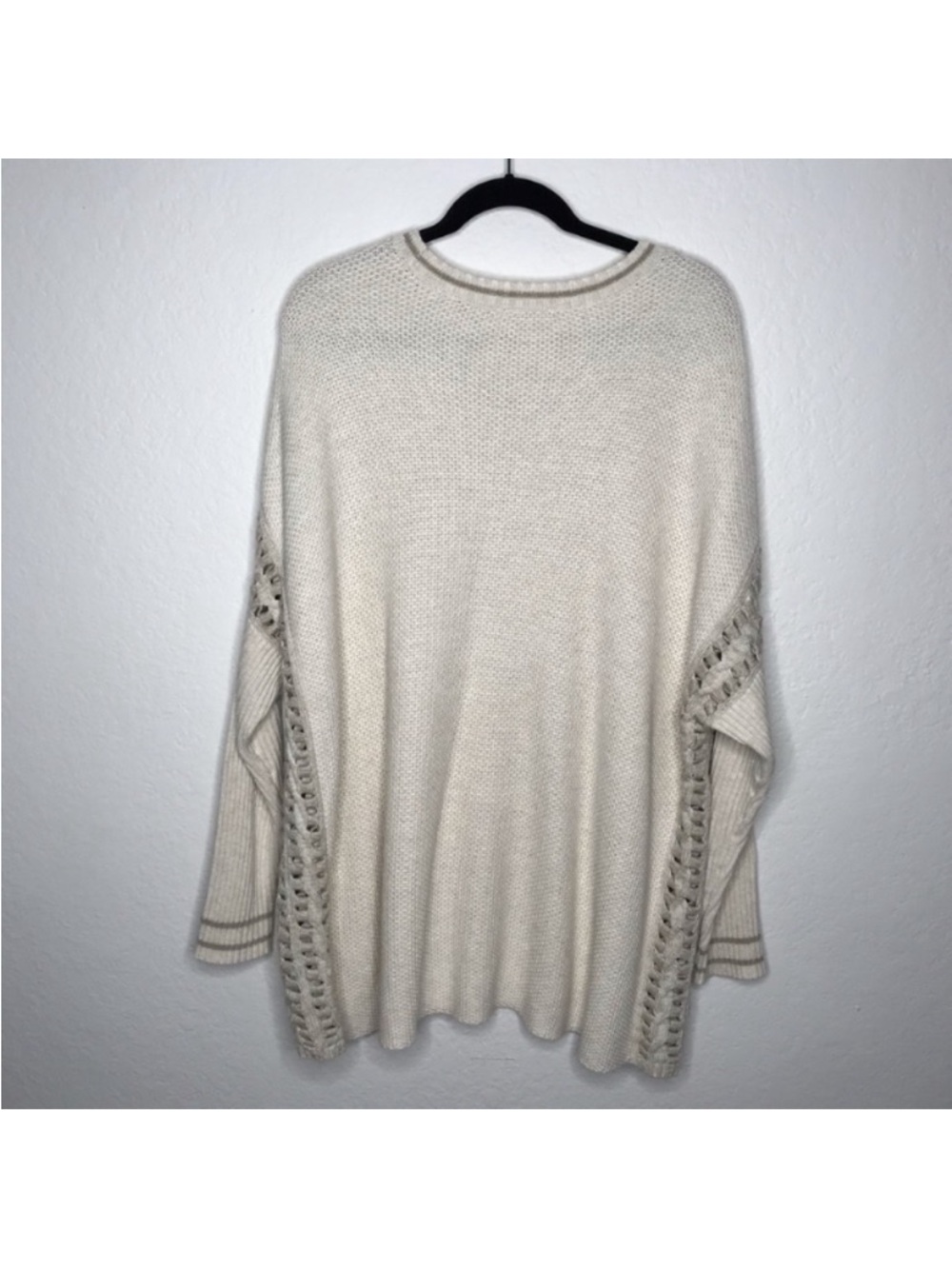Cabi Relaxed Cream Knit Crewneck Sweater Lace-Inset - Picture 6 of 9
